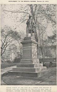 A sepia-toned photograph of a statue of Sims