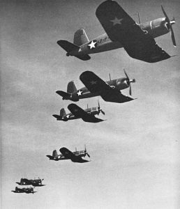 U.S. Navy Vought F4U-1 Corsairs of Fighter Squadron 17 (VF-17) "Jolly Rogers" in flight, in 1943.