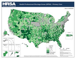 A map of the United States depicting the density (and shortage) of primary health care professionals