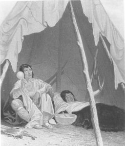 An illustration of an ill Native American and a tribal doctor in the 19th century