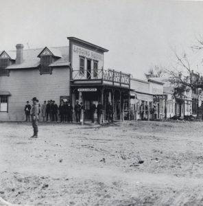A black and white street view of Miles City, Montana in 1881 