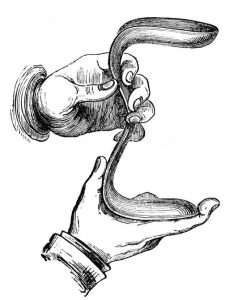 A black and white drawing of two hands holding a speculum