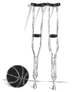A drawing of two crutches next to a basketball