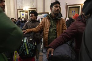 A group of Indian students wait to board a train to Poland on March 03, 2022 in Lviv, Ukraine