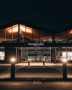 The departures entrance of an airport