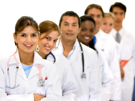 group of doctors in a hospital in a line - test