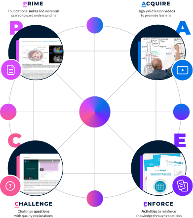 A collage of the PACE modalities — Prime notes, Acquire videos, Challenge questions, and Enforce activities